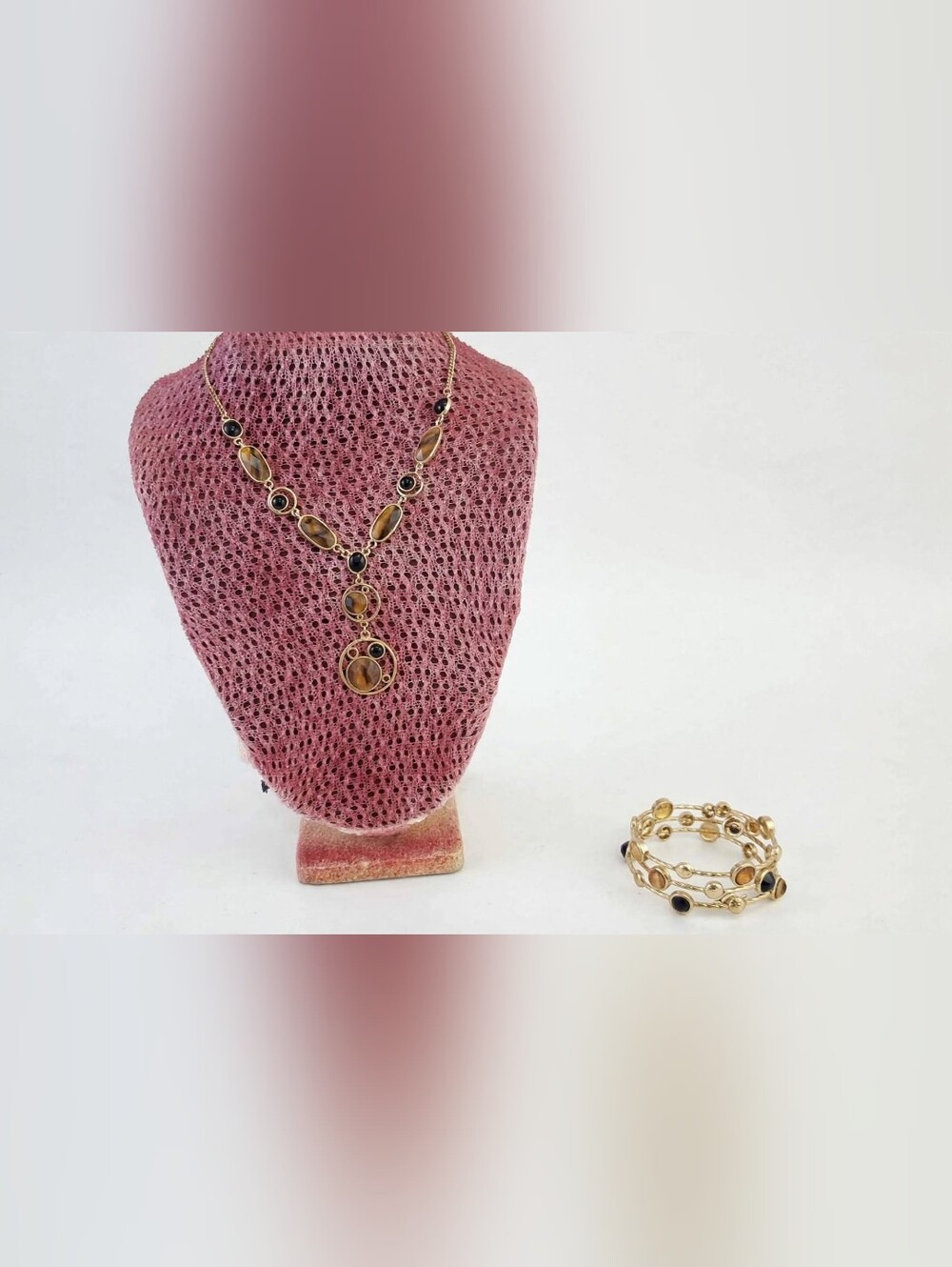 Gold-Tone Black Tiger Eye Stone Y-Link Necklace and Bracelet Set